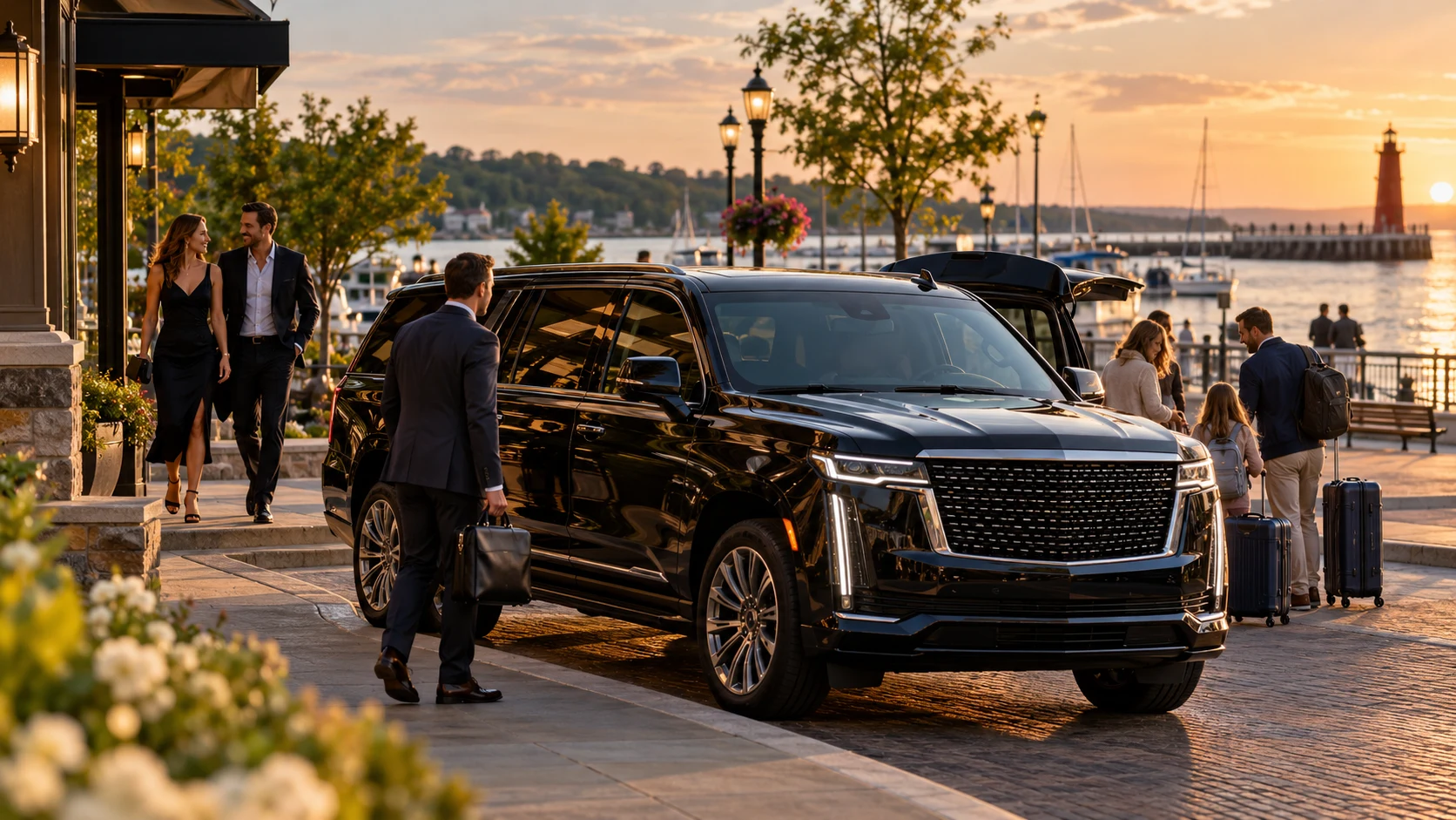 Black Cadillac SUV with travelers near the Grand Haven waterfront.