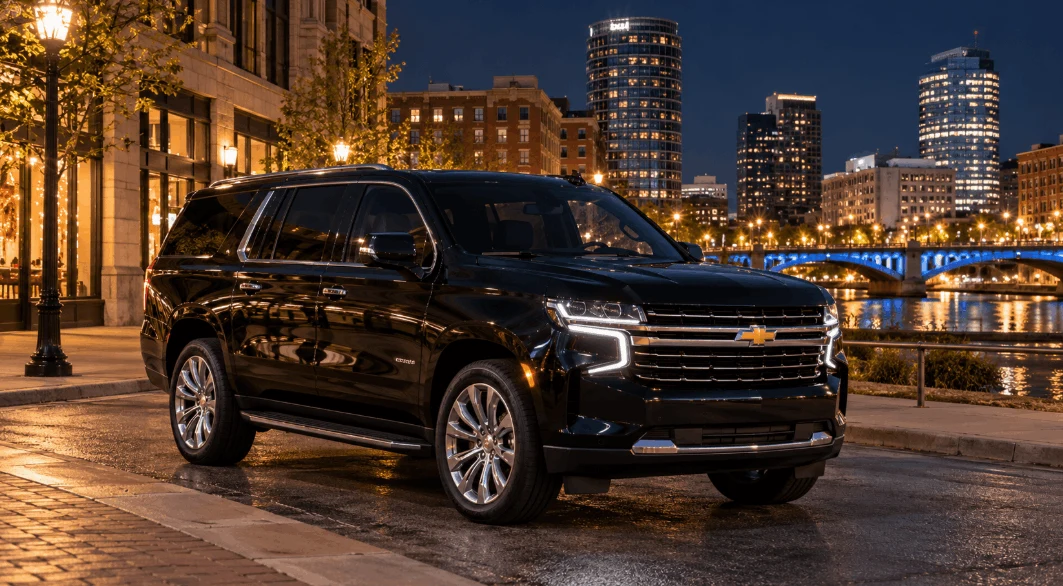 Black luxury SUV outside an illuminated downtown Grand Rapids venue at night