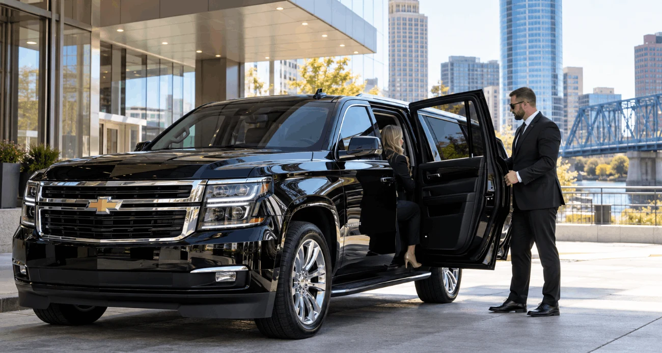 Professional chauffeur beside a black SUV outside a Grand Rapids office