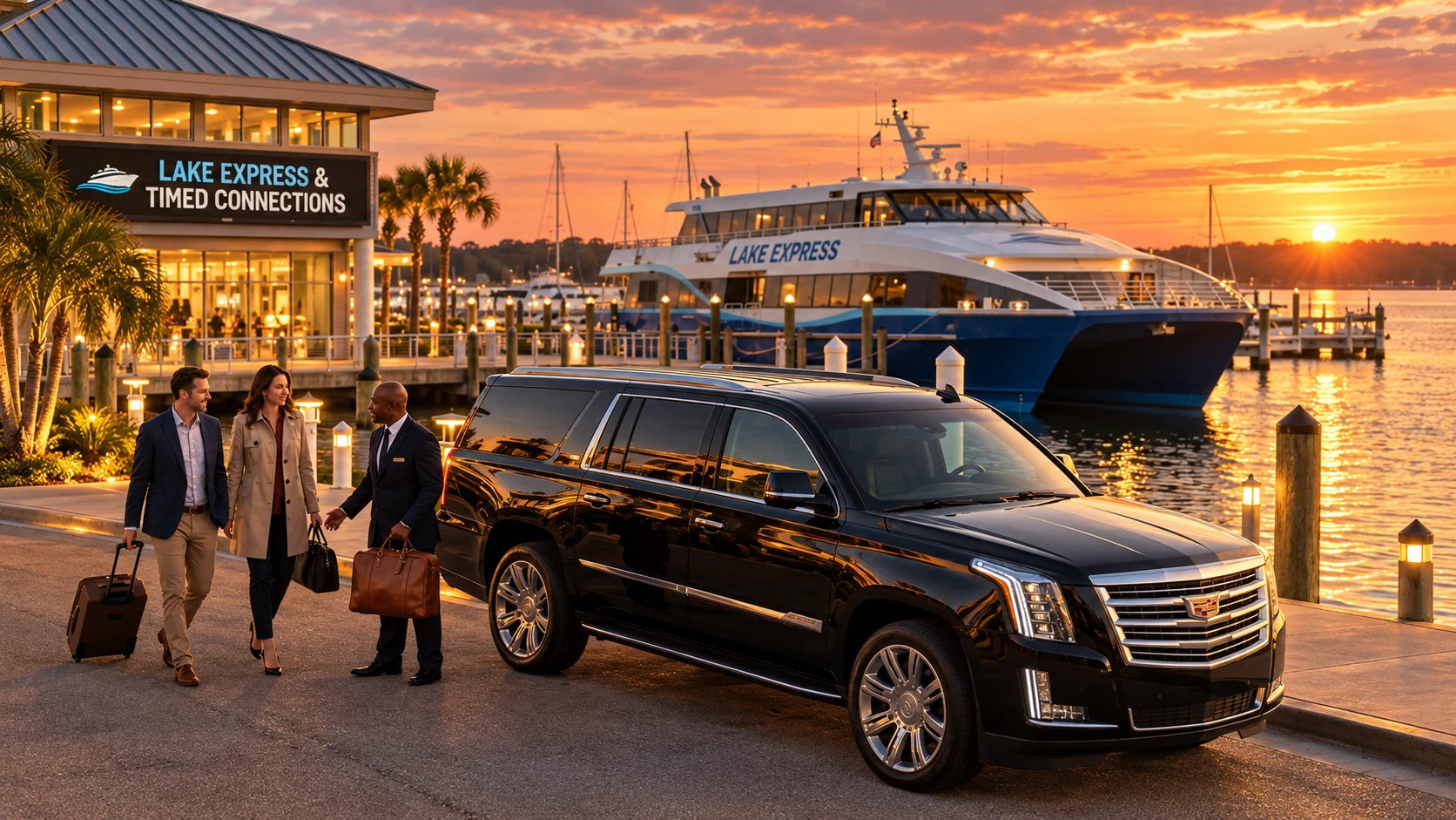 Black Cadillac SUV with chauffeur near the Lake Express ferry terminal in Muskegon.