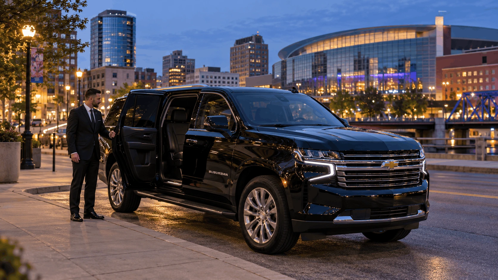 Chauffeur opening the door of a Chevy Suburban in downtown Grand Rapids, MI.
