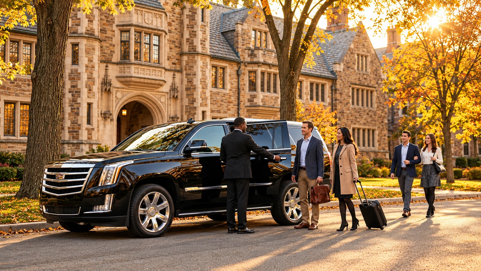 Chauffeur greeting business travelers beside a black Cadillac SUV near a university building.