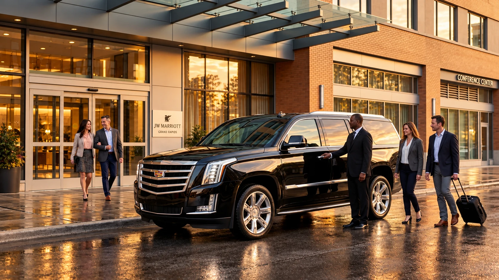 Black Cadillac Escalade with chauffeur outside a Grand Rapids conference hotel.