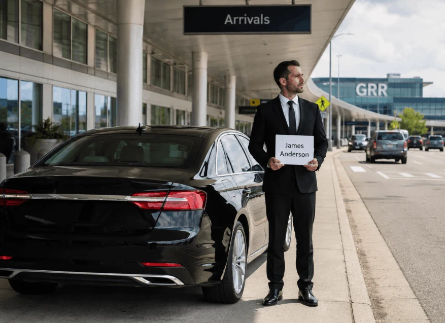 Chauffeur waiting with a passenger name sign at GRR Airport arrivals