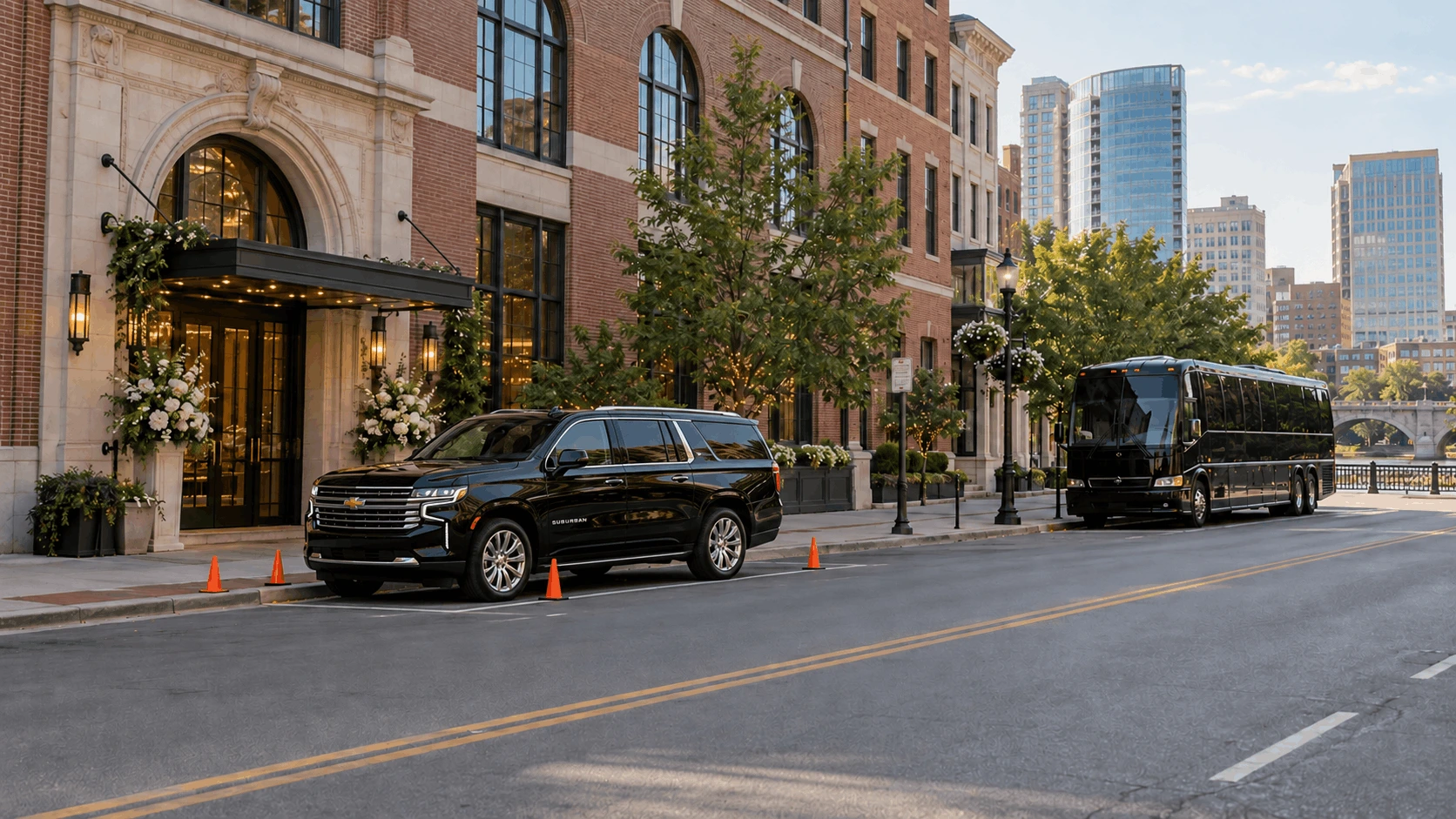 Black SUV and party bus outside a Grand Rapids wedding venue