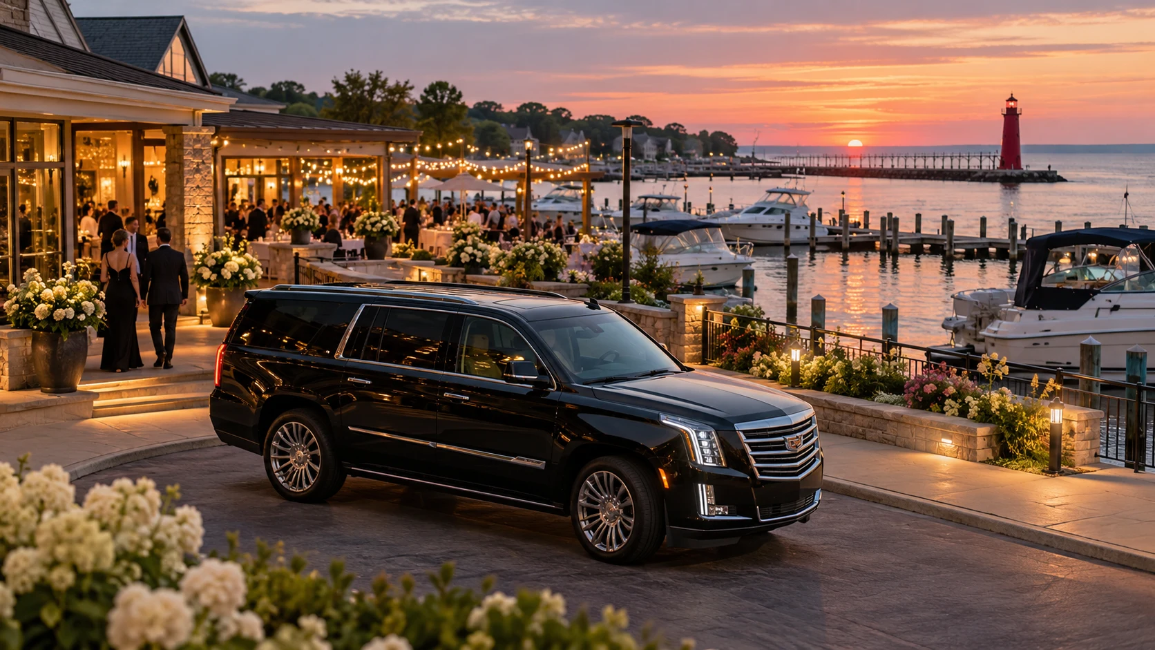 Black luxury SUV parked outside a waterfront event venue in Grand Haven at sunset.