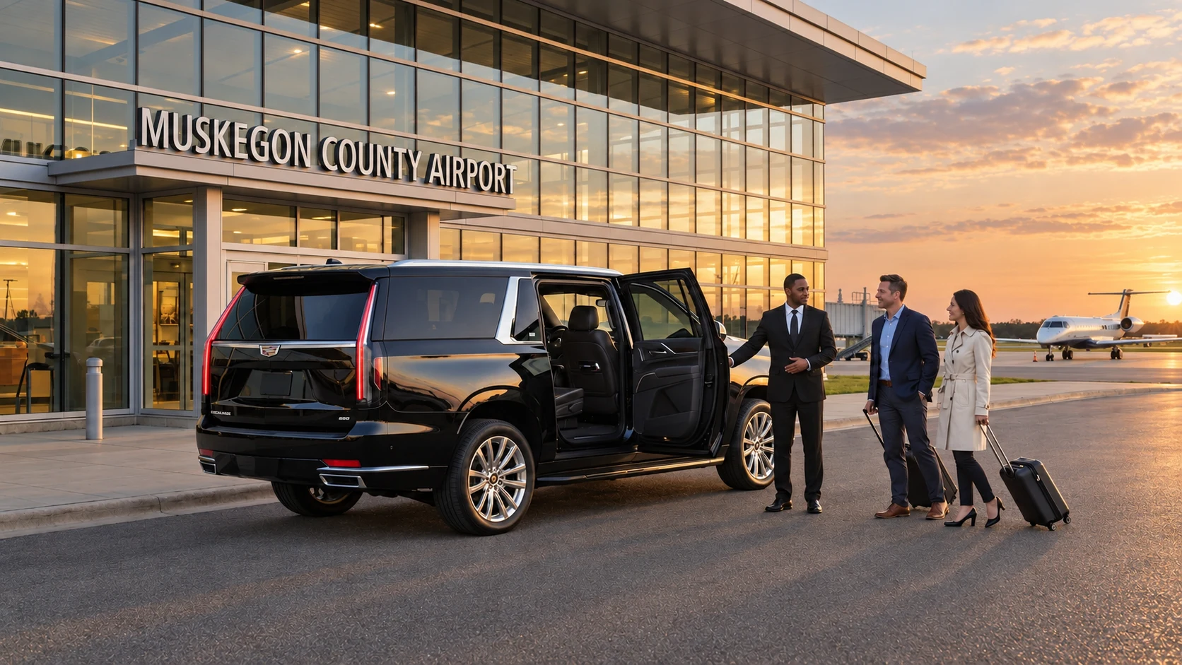 Chauffeur greeting travelers beside a black Cadillac SUV at Muskegon County Airport.