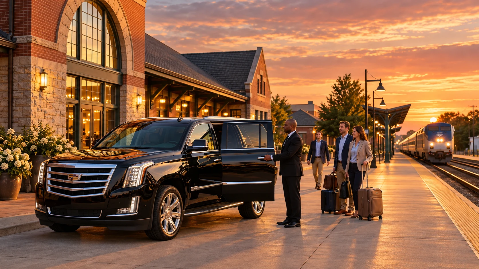 Black Cadillac Escalade picking up travelers outside a train station in Holland.