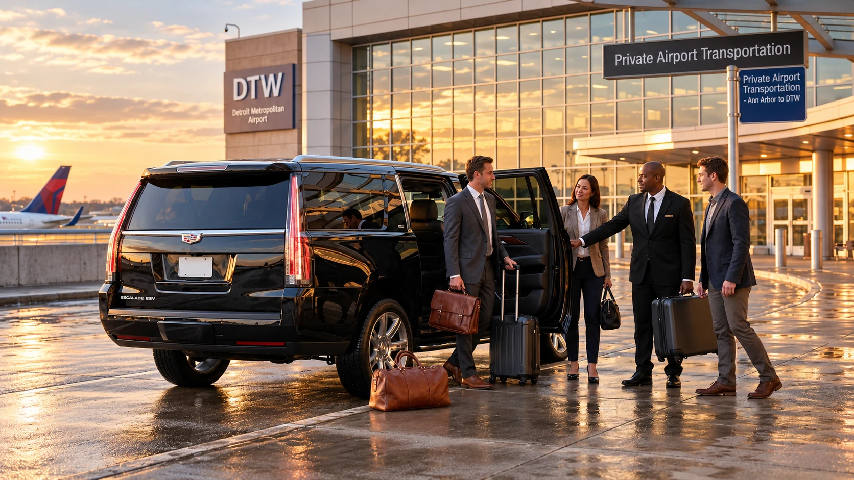 Chauffeur assisting passengers beside a black Cadillac Escalade at Detroit Metro Airport.
