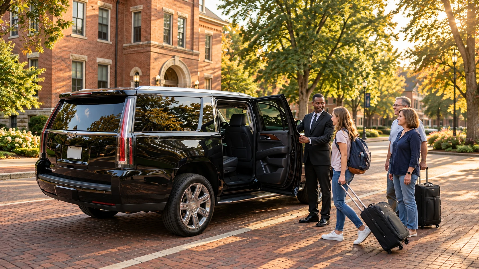 Chauffeur assisting travelers beside a black luxury SUV near a college campus in Holland.