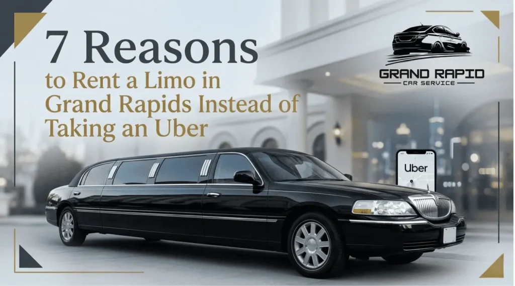 A sleek black stretch limousine is parked in front of a modern, upscale building at dusk.