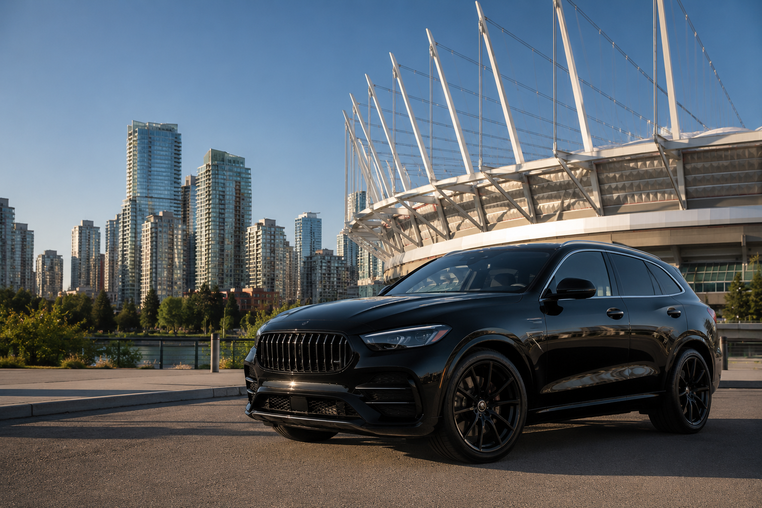 Luxury SUV with stadium and skyline