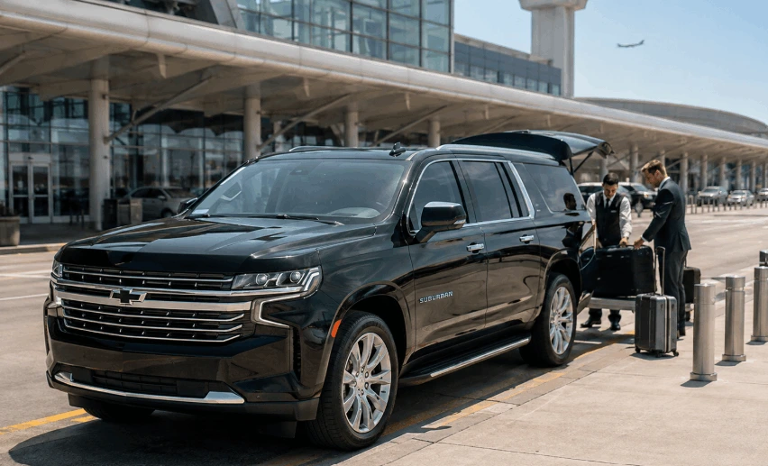 A clean black SUV (Chevy Suburban) parked curbside at Gerald R. Ford International Airport with luggage being loaded.