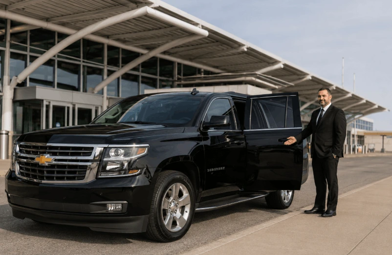 black Chevy Suburban parked outside Gerald R. Ford International Airport
