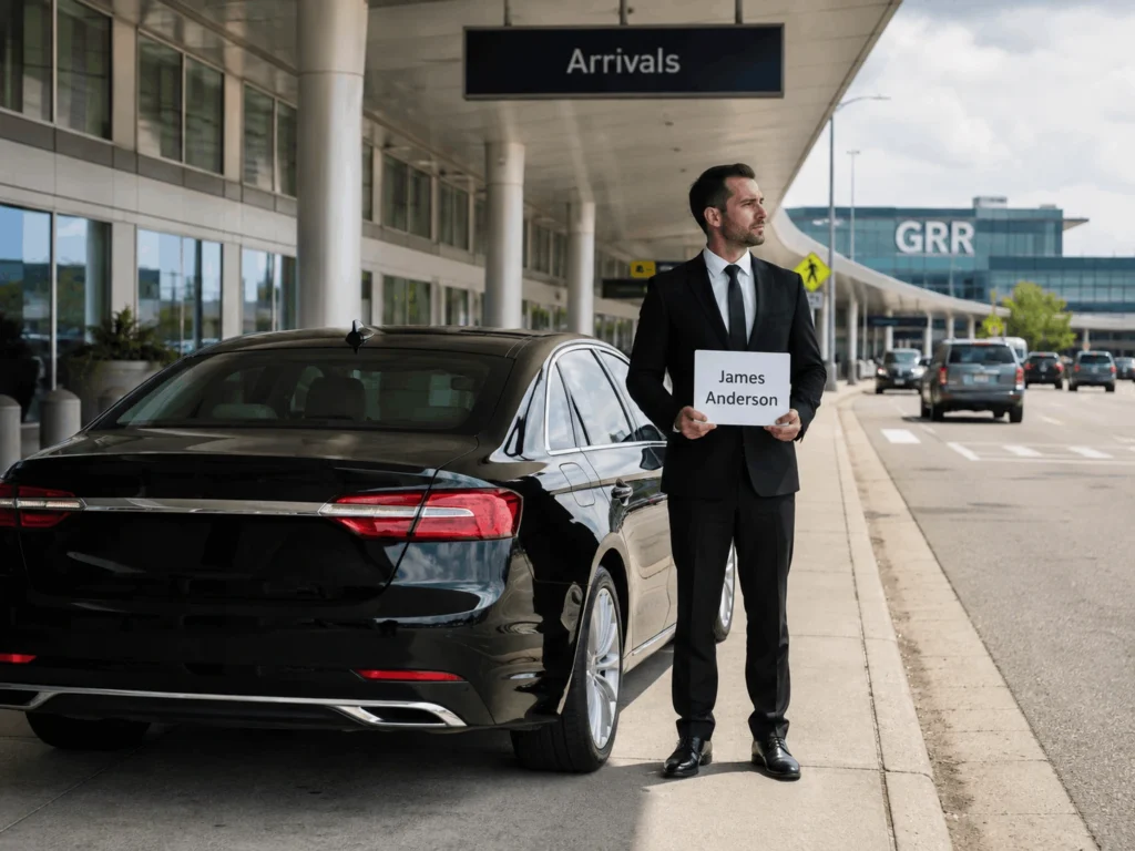 black chauffeur car parked curbside at GRR airport