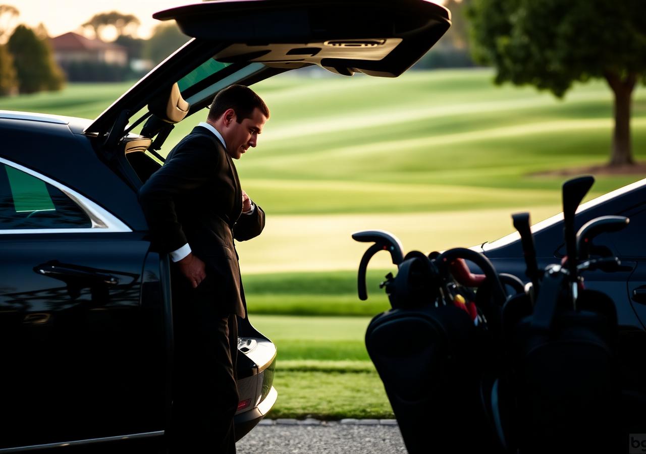 Chauffeur loading golf bags into a luxury vehicle at a golf course