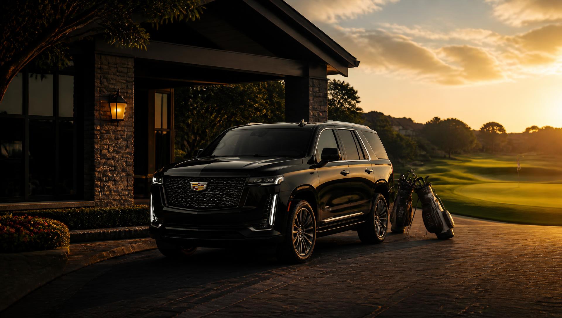 Black luxury SUV with golf bags at a Grand Rapids golf course clubhouse at sunset