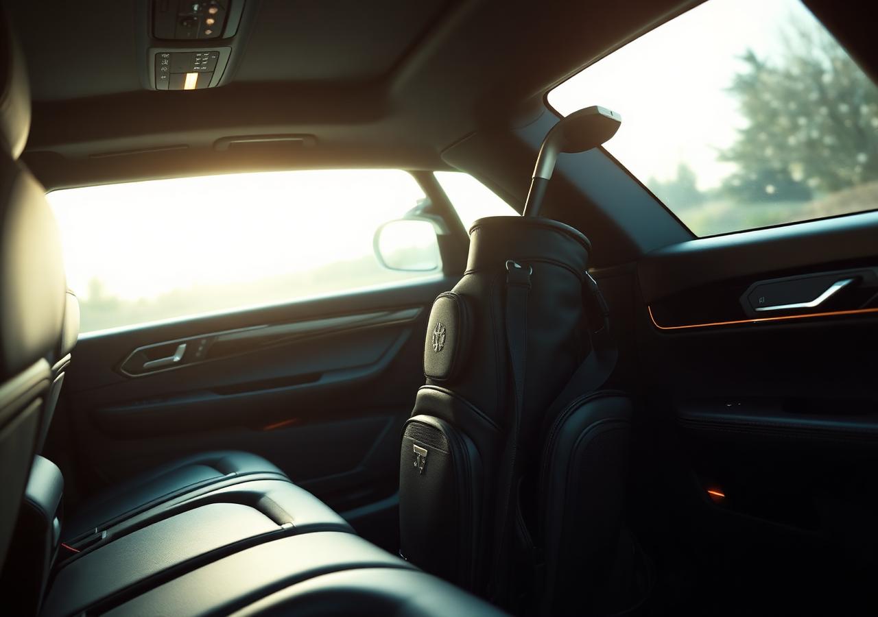 Luxury leather vehicle interior with a golf bag secured inside