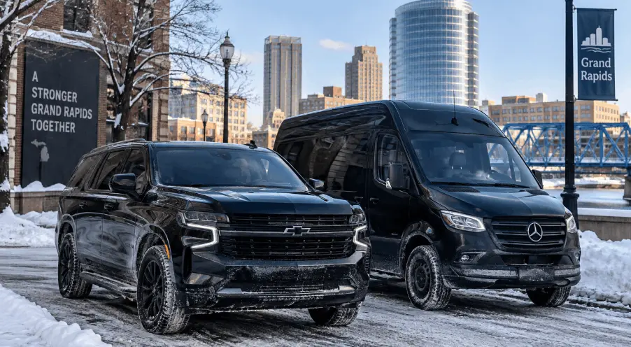 A clean black SUV and a Sprinter van parked side by side on a snowy Grand Rapids street, with visible road salt residue near the tires