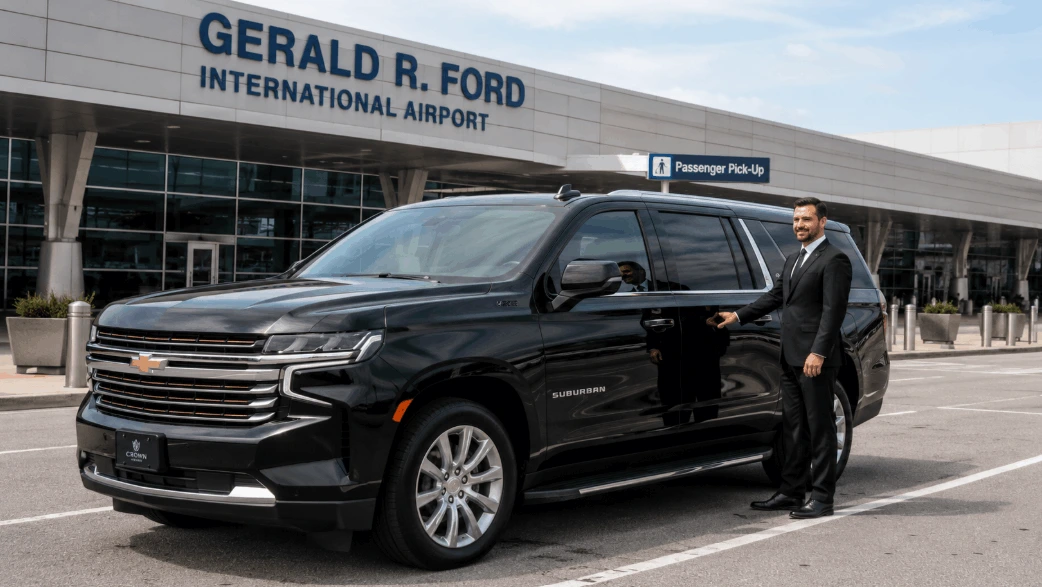 modern black SUV parked at the Gerald R. Ford International Airport passenger pickup area, with a professional driver standing by the door.